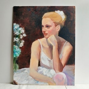 Pintura al óleo vintage sobre cartón, retrato de bailarina, arte original
