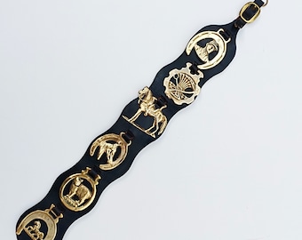 Vintage horse brasses on leather strap, set of 6 equestrian lucky charms, gift for horsey