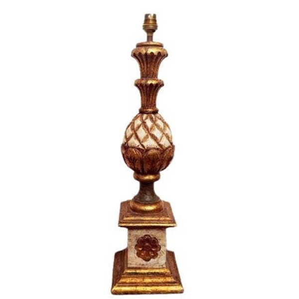 Florentine carved gilt wood lamp base, vintage Italian pineapple accent piece lamp