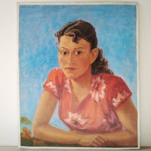 Retrato de mujer de mediados de siglo, pintura al óleo francesa sobre cartón, 1954, pintura de doble cara con flores en jarrón.