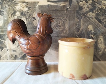 Antique Jam pot and wood rooster, rare French glazed terracotta jar, Novia confiture jar and folk art chicken