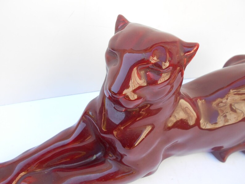 mid century red jaguar figure Large vintage jaguar ceramic statue in Art Deco style