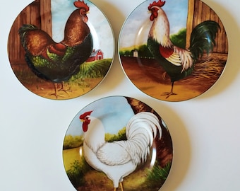 David Carter Brown set of 3 large plates, On The Farm collection, roosters decor