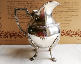 French antique creamer with monogram GB, SAGLIER FRERES silver plated milk pot, 19 th century tableware