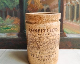 Antique Félix Potin jam jar, French 19 th century tea stained ironstone confiture pot