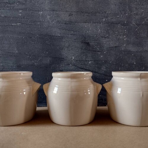 SMALL French stoneware pots 3 pcs, vintage glazed pottery preserve jars, farmhouse kitchen decor