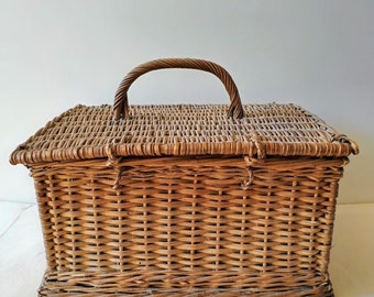 French antique wicker basket, old primitive country decor and storage