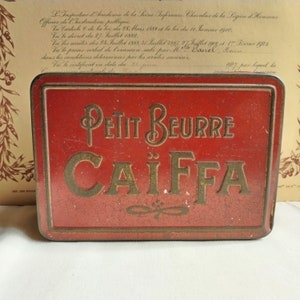 French antique tin box, Caïffa biscuits red and gold metal box, early XX th century image 1