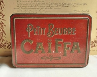 French antique tin box, Caïffa biscuits red and gold metal box, early XX th century