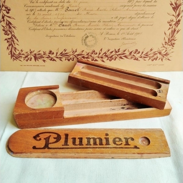 French vintage wooden Plumier, mid century school pencil case, childhood memorabilia