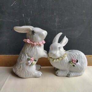 Sweet white rabbit figurines, vintage pair of ceramic bunny statues, Easter shabby chic decor
