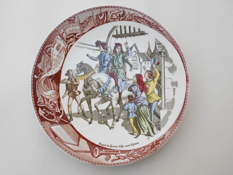 Jeanne d/'Arc Sarreguemines plates 19 th century set of 3 French antique plates Joan of Arc history