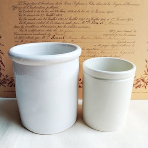 French antique jars, pair of farmhouse kitchen white preserve pots, 19 th century France