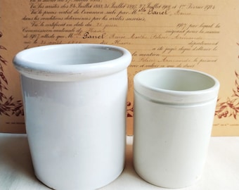French antique jars, pair of farmhouse kitchen white preserve pots, 19 th century France