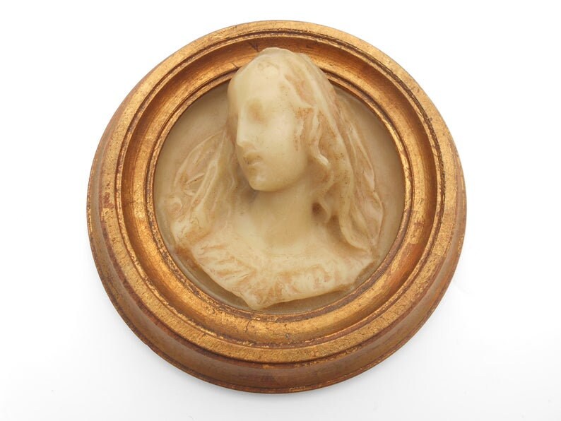 Rare French antique wax portrait of a young lady in golden image 1