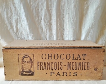 French antique chocolate crate, Chocolat Meunier Paris wood box