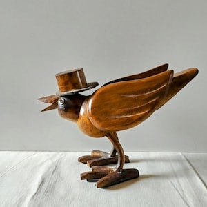 Art Deco bird figurine with hat, hand carved wood bird sculpture, 1930s