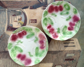 French antique Majolica plates with strawberries, fruits plate