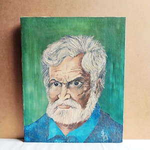 French oil painting portrait of a man with gray hair, original signed art on stretched canva, 1980s