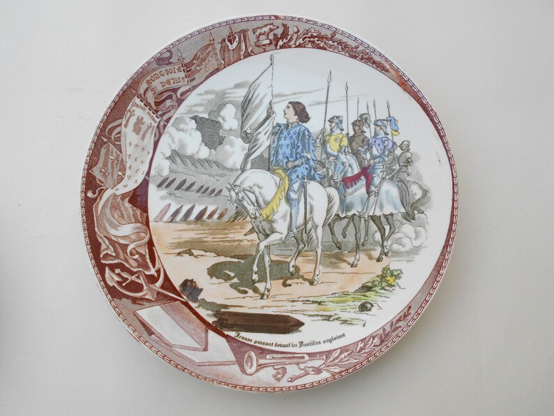 Jeanne d/'Arc Sarreguemines plates 19 th century set of 3 French antique plates Joan of Arc history