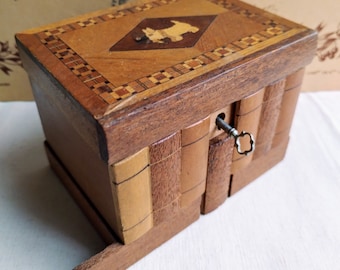 Antique mystery jewelry box with secret compartments, curiosity cabinet decor, early XX th century