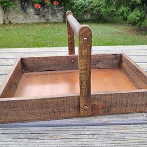 French vintage basket, large flat hand crafted wood garden trug with folding handle