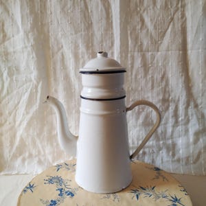 French antique enamel coffee pot, white enamelware rustic kitchen decor