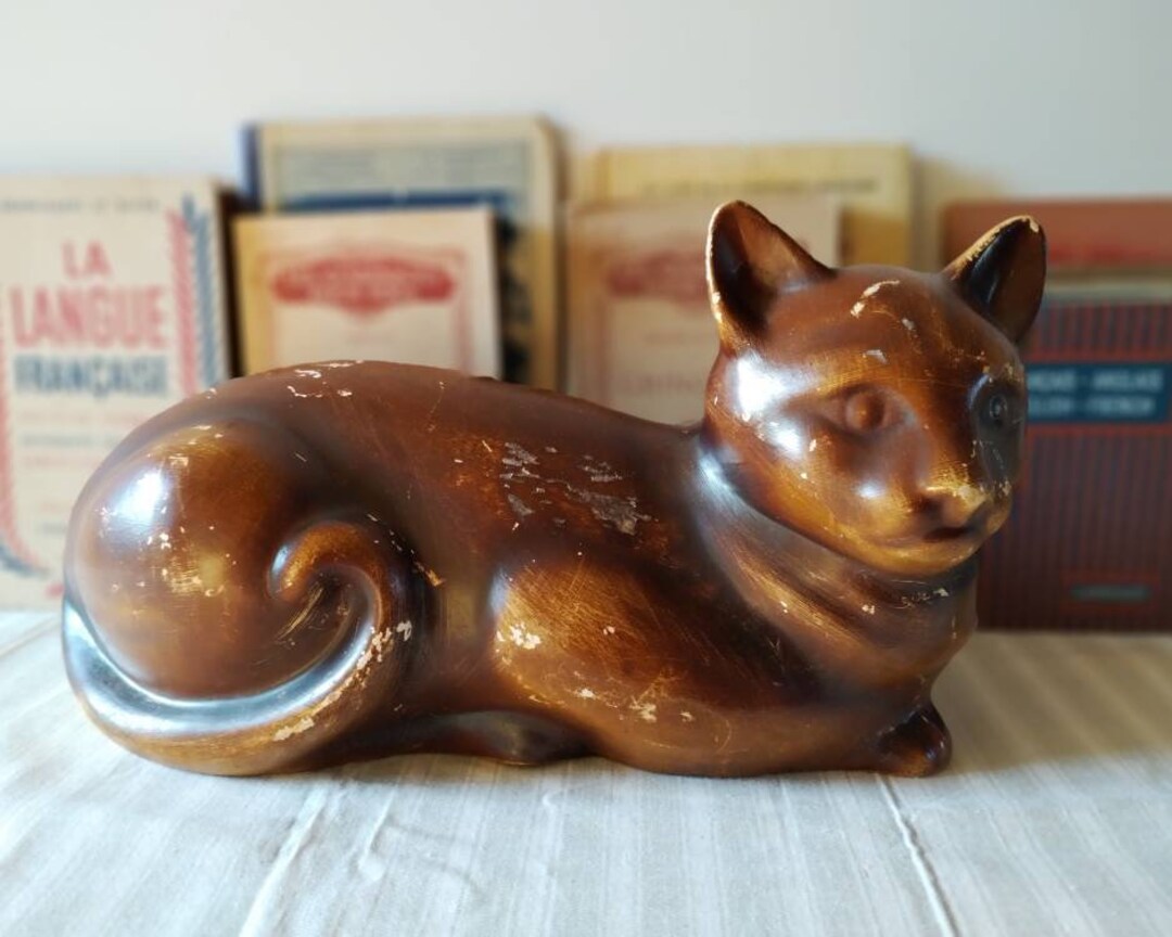 Vintage cat statue, life size cat ceramic sculpture, country chic home