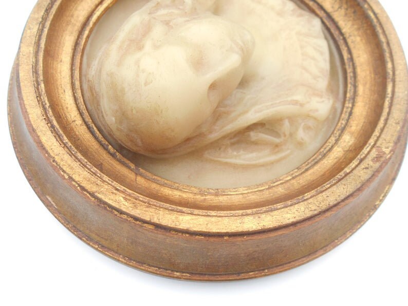 Rare French antique wax portrait of a young lady in golden image 4