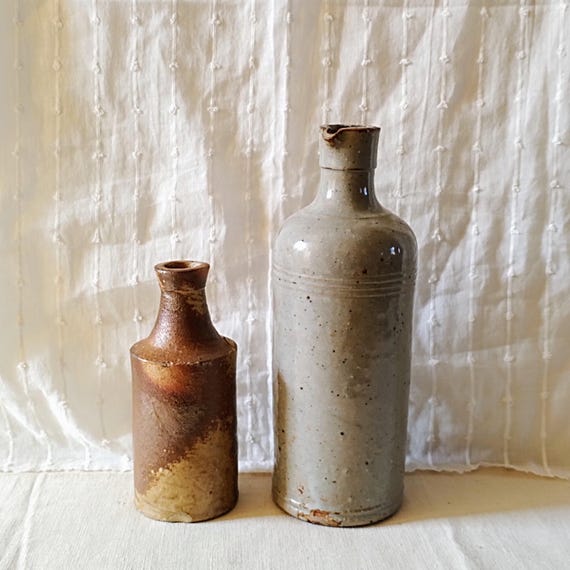 Antique French Stoneware Ink Bottles: Encres Antoine et Fils, 19th Century Farmhouse Decor
