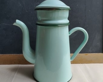 French enamel coffee pot, rustic kitchen decor, mid century homewares