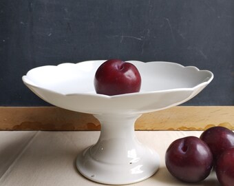 French antique compote, pedestal cake display dish, French white ironstone tableware