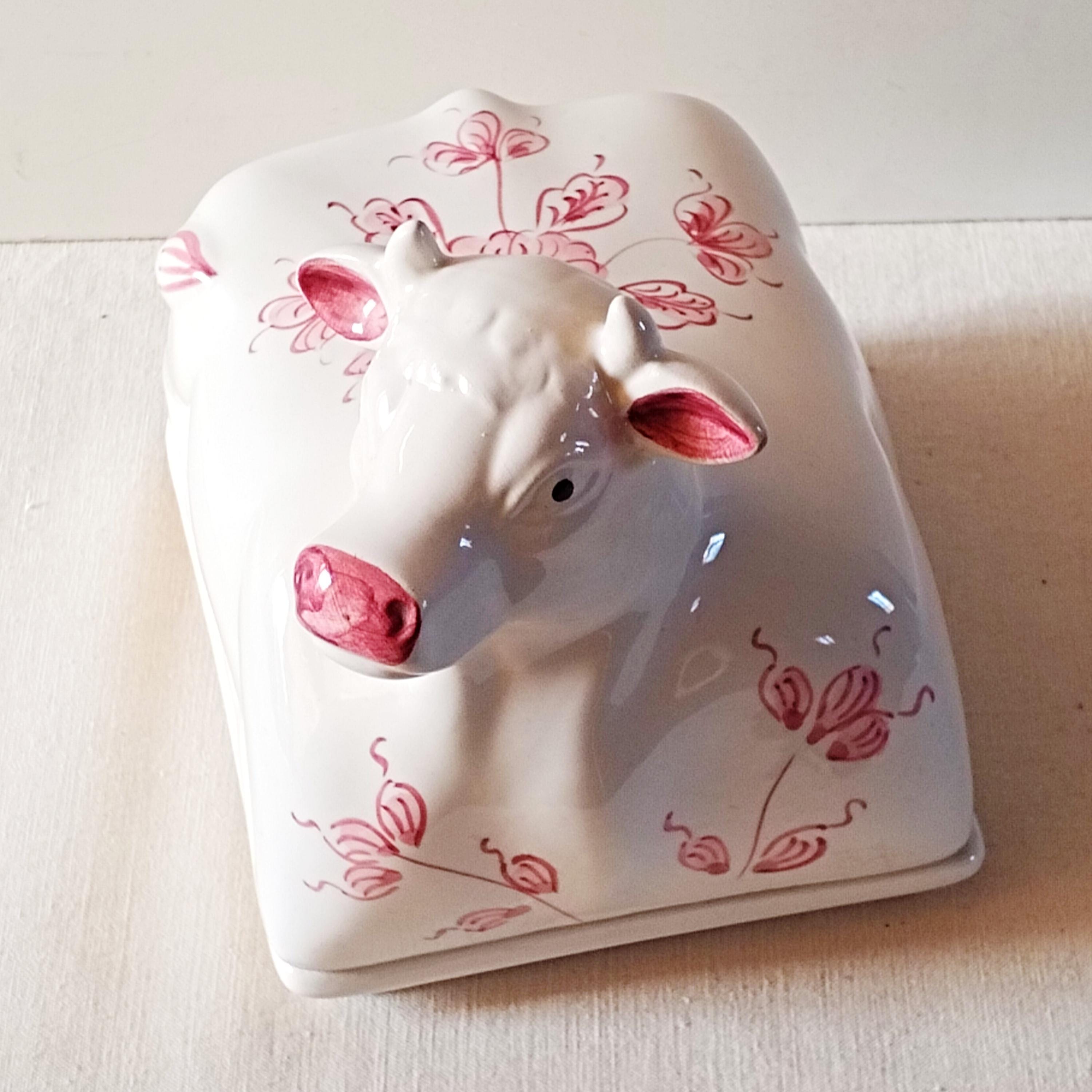 French vintage cow butter dish, country chic tableware