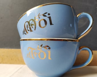Villeroy Boch Toi et Moi tea or coffee cups pair, mid century VB blue and gold breakfast set for Her and Him