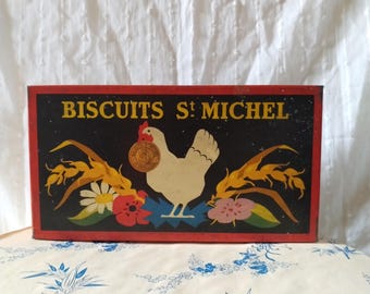 French vintage tin box, colorful litho with hen, St Michel biscuits box
