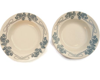 Set of 2 French Art Nouveau plates, Sarreguemines 1920's, wedding table decor, white and green shabby chic French antique plates