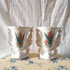 French antique wedding vases pair, 1930s 40s hand painted porcelain with floral decor