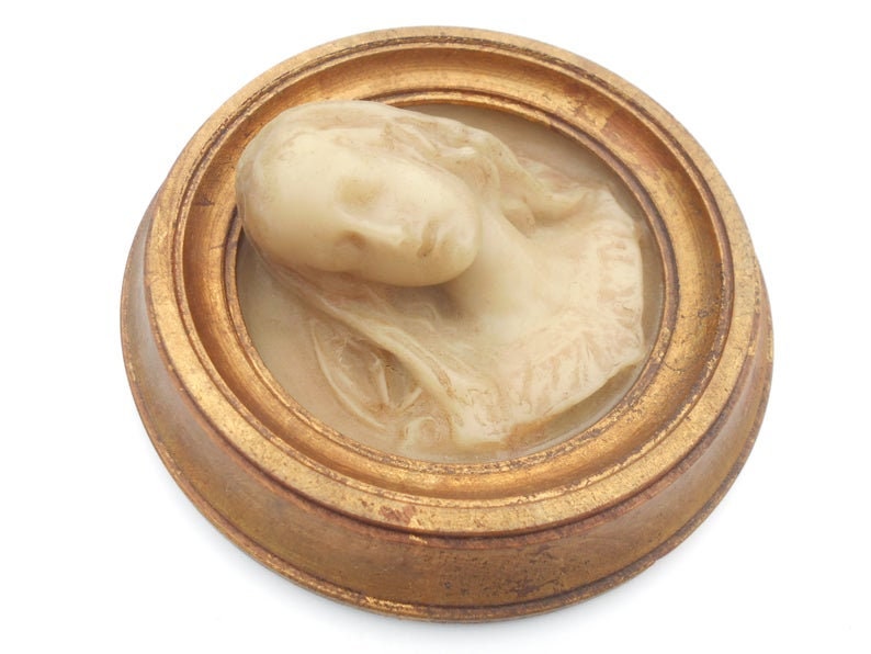 Rare French antique wax portrait of a young lady in golden image 3