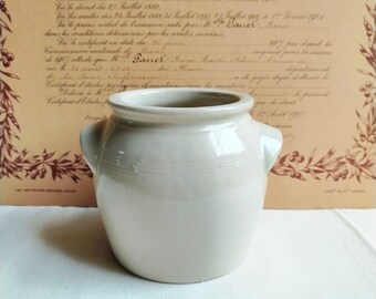 Small French stoneware pot, vintage glazed pottery preserve jar, farmhouse kitchen decor