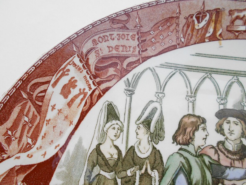Jeanne d/'Arc Sarreguemines plates 19 th century set of 3 French antique plates Joan of Arc history