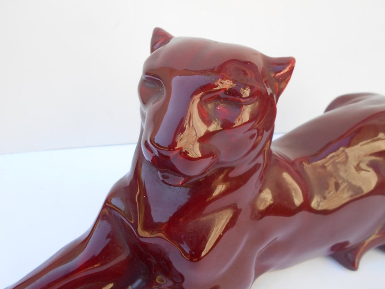 mid century red jaguar figure Large vintage jaguar ceramic statue in Art Deco style