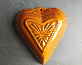 French traditional cake mold, antique heart shaped Alsace pottery glazed mold