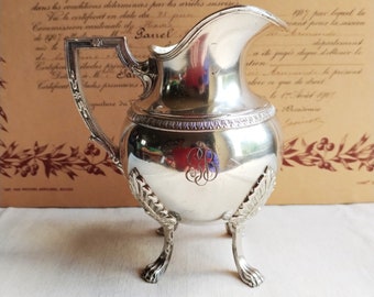 French antique creamer with monogram GB, SAGLIER FRERES silver plated milk pot, 19 th century tableware