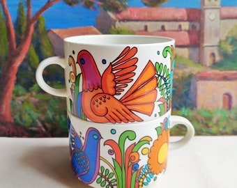 Villeroy Boch Acapulco pair of large cups, vintage 60s VB porcelain breakfast set, déjeuner set