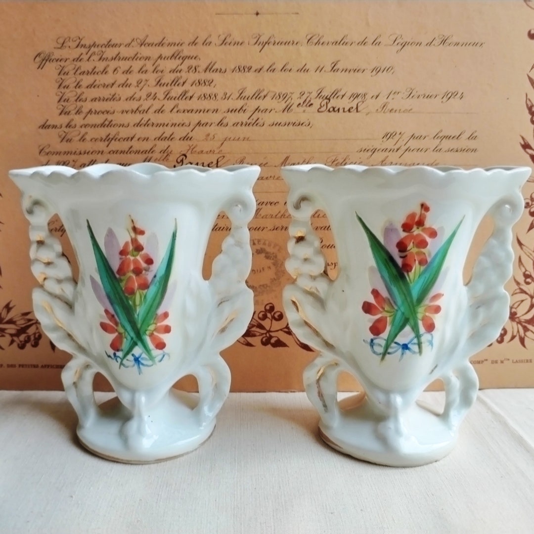 French antique wedding vases pair 1930s 40s hand painted porcelain
