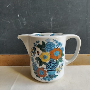 Vintage porcelain teapot by Pillivuyt, 70s design floral tea pot, made in France