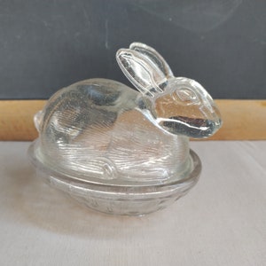 French vintage glass rabbit on nest, Easter bunny table decor