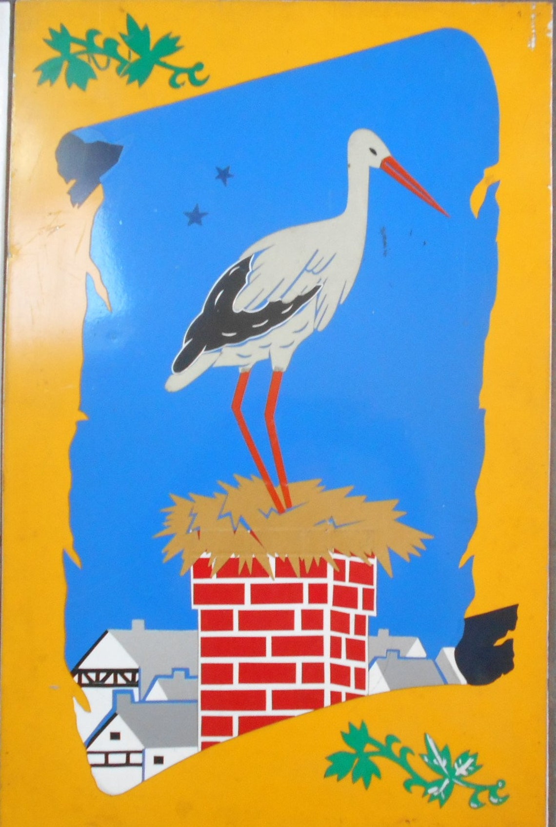 French Vintage Wall Decor Plaque With a Stork Nesting on a Etsy