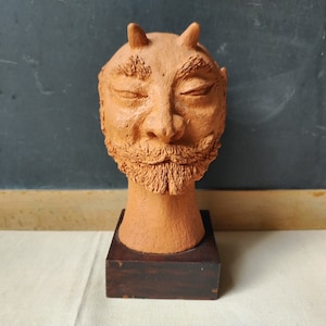 Vintage Satyr head statue, terracotta sculpture, mythology art, curiosity decor