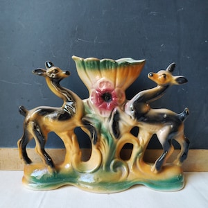 Mid century vase with fawns decor, Italian 50s romantic ceramic mantel planter